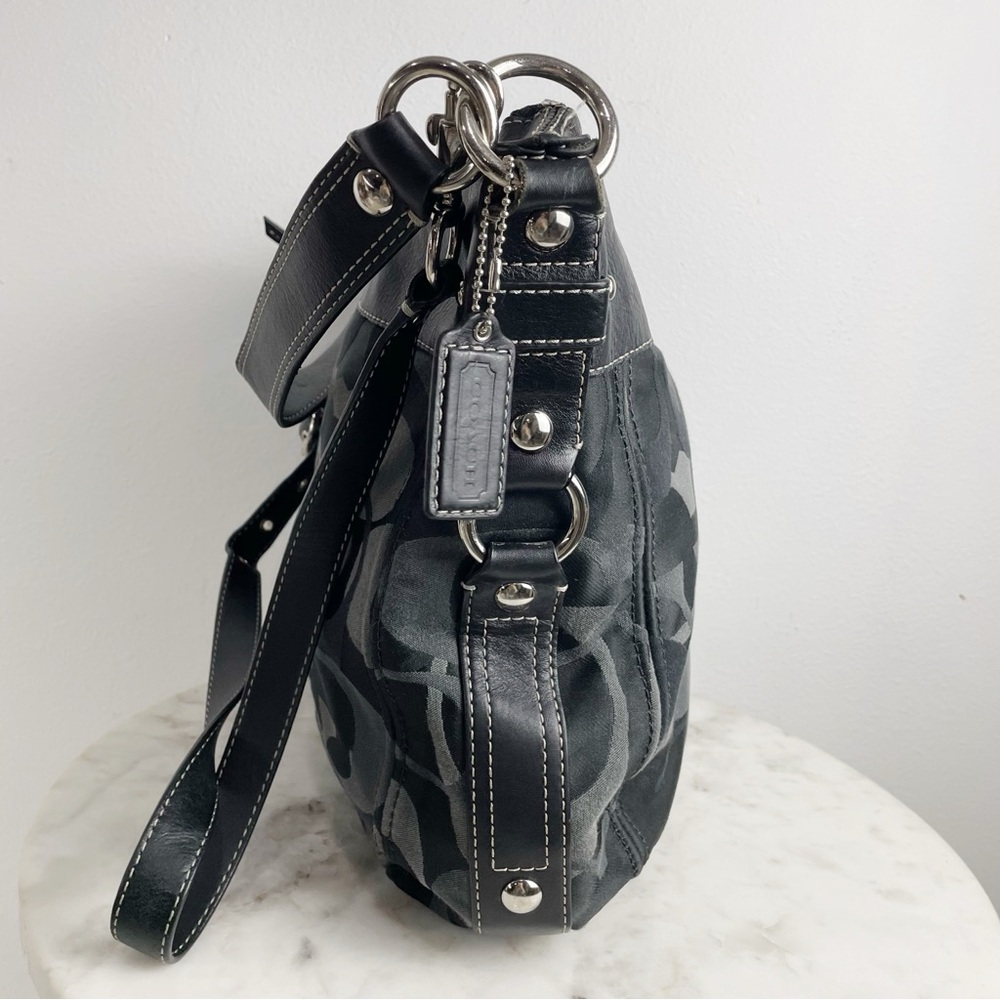 Coach Zoe Signature Jacquard Purse F14710 Shoulder Bag Logo Black Gray - Picture 8 of 14